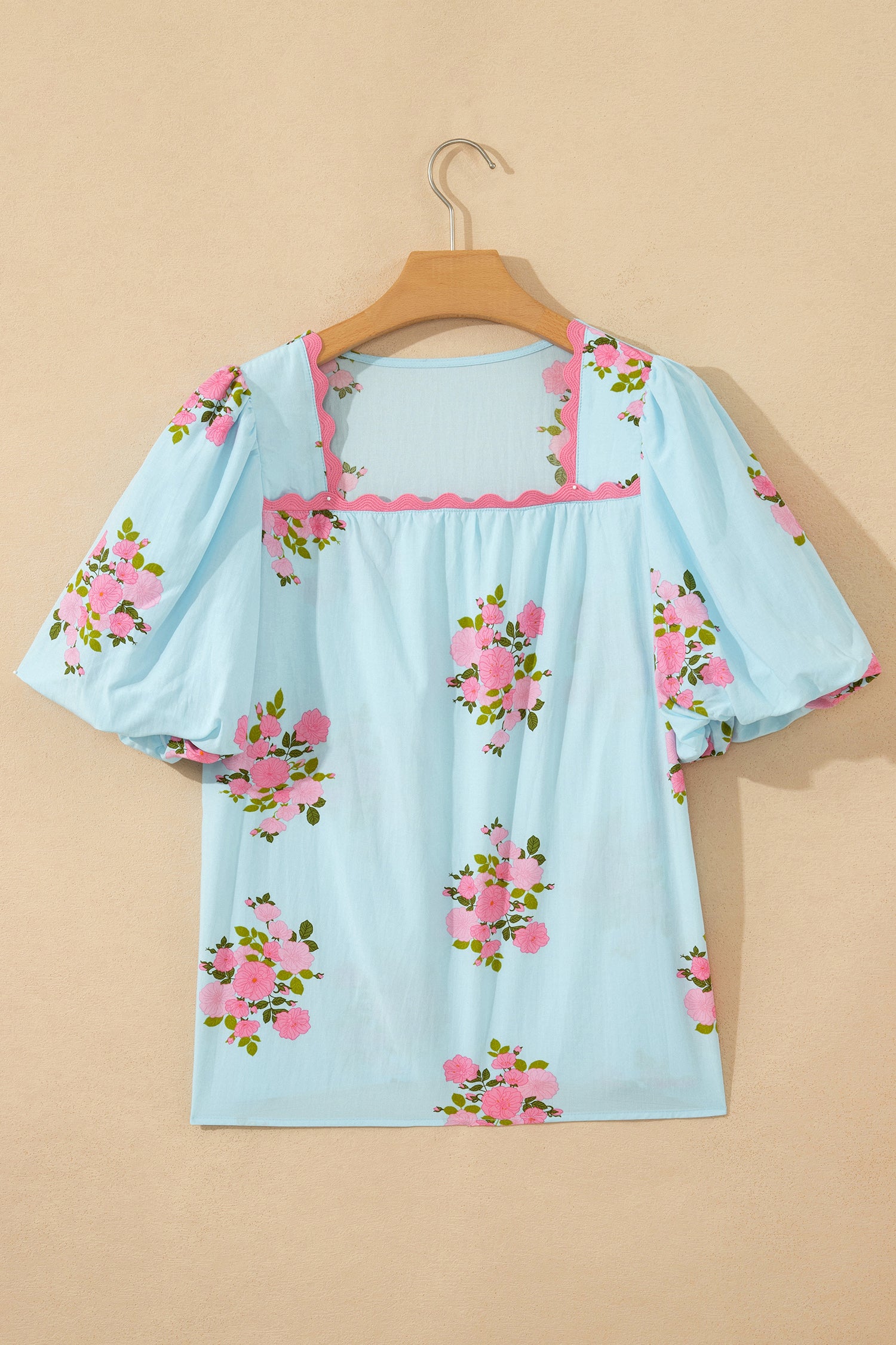 Sky Blue Floral Printed Contrast Ricrac Detail Bubble Sleeve Blouse-Tops/Blouses & Shirts-[Adult]-[Female]-2022 Online Blue Zone Planet