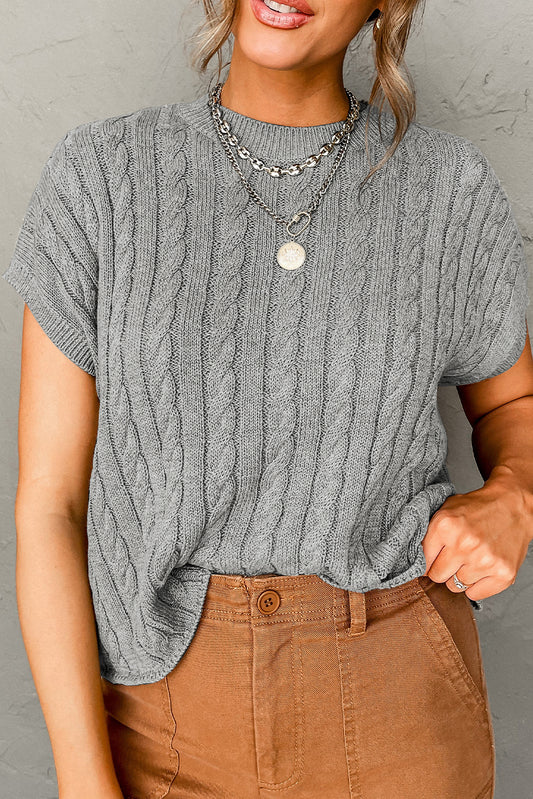 Gray Crew Neck Cable Knit Short Sleeve Sweater-TOPS / DRESSES-[Adult]-[Female]-Gray-S-2022 Online Blue Zone Planet