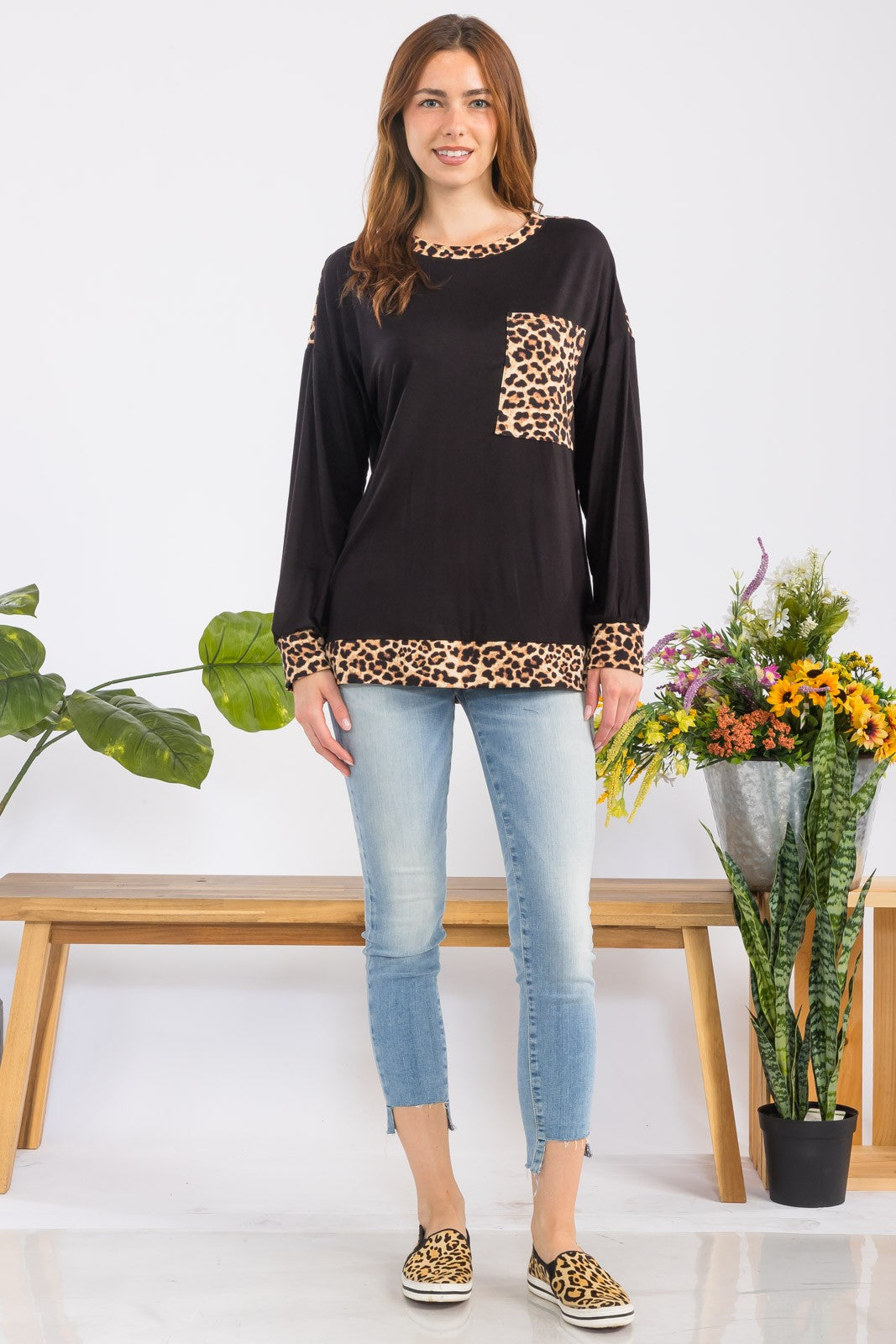 Blue Zone Planet | Celeste Full Size Leopard Round Neck Dropped Shoulder T-Shirt-TOPS / DRESSES-[Adult]-[Female]-2022 Online Blue Zone Planet