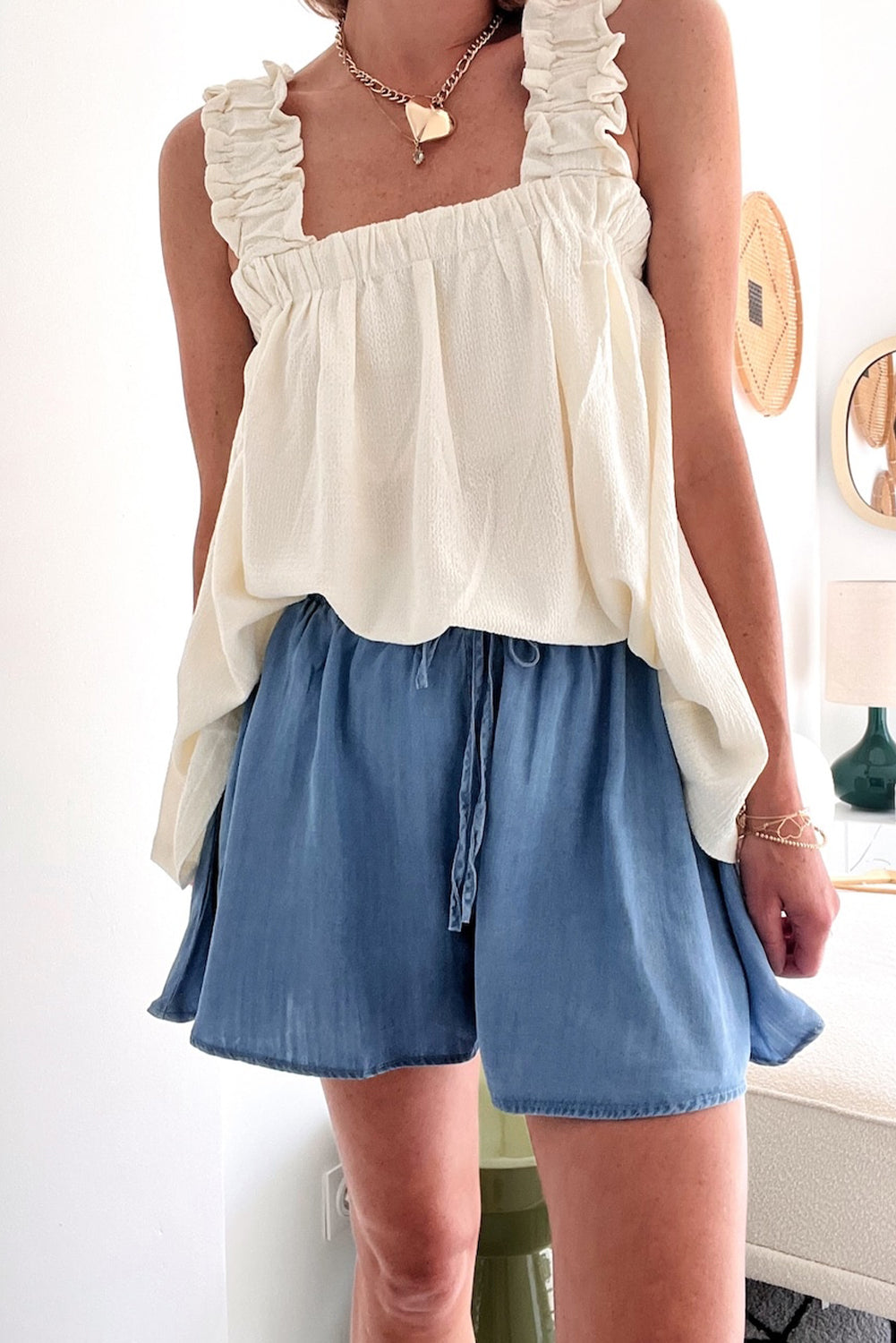 Dusk Blue Drawstring Elastic Waist Wide Leg Denim Shorts-Shorts-[Adult]-[Female]-2022 Online Blue Zone Planet