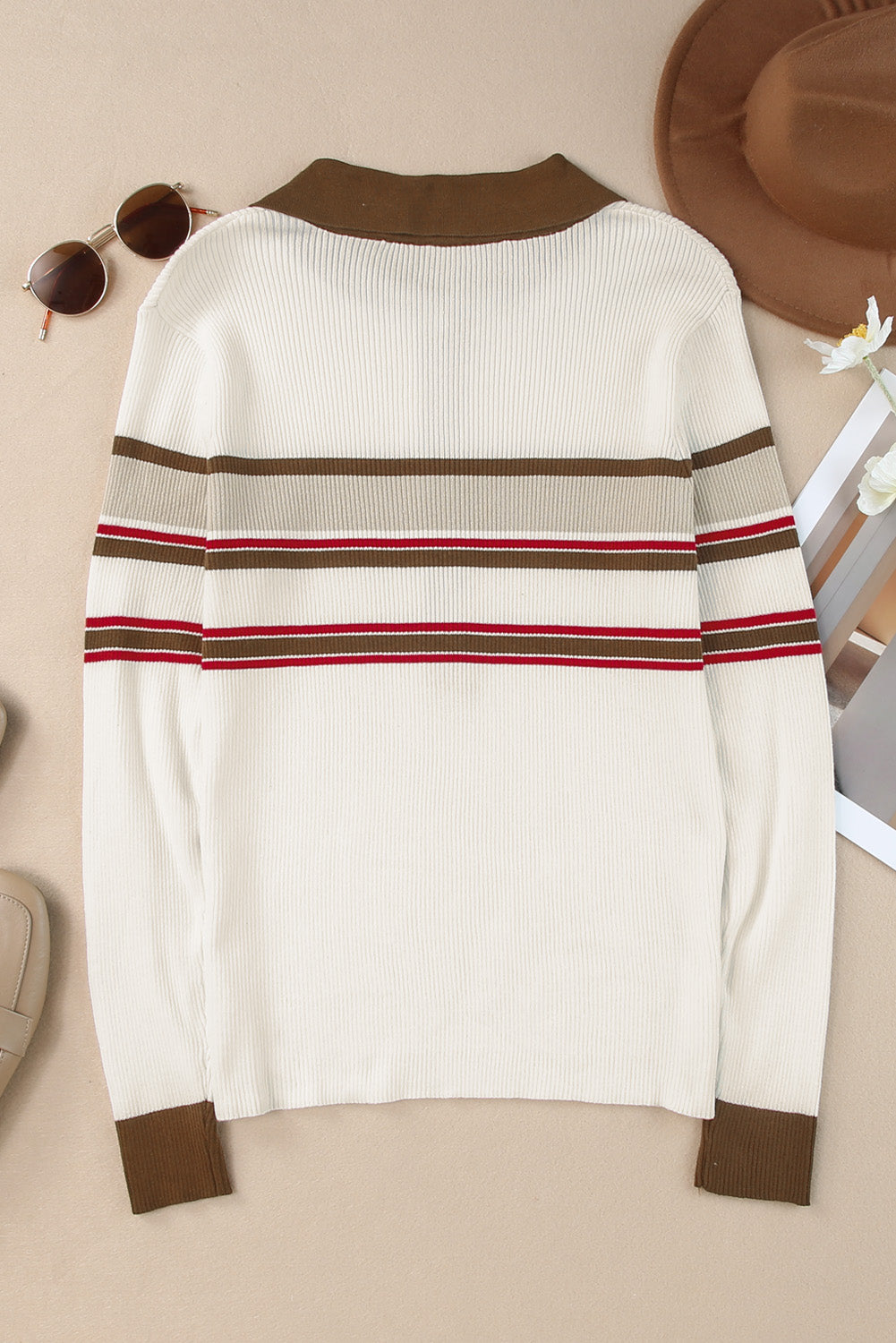 Blue Zone Planet | Half Button Contrast Stripe Long Sleeve Knit Top-TOPS / DRESSES-[Adult]-[Female]-2022 Online Blue Zone Planet