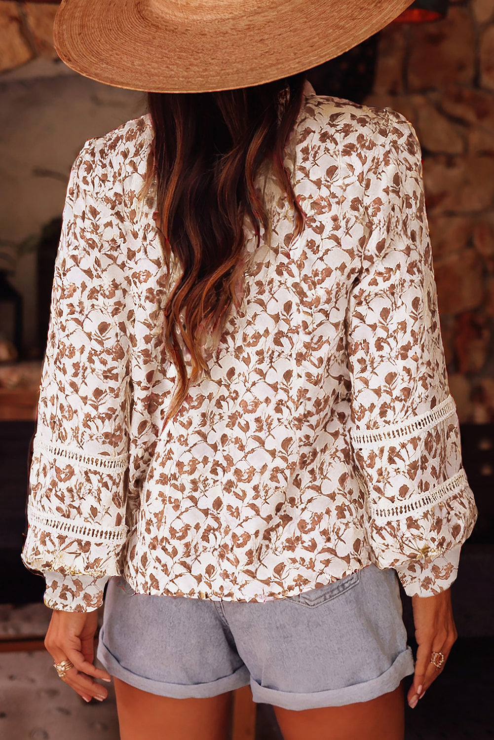 Yellow Printed Lace Detail Floral Puff Sleeve Fall Shirt-Tops/Blouses & Shirts-[Adult]-[Female]-2022 Online Blue Zone Planet