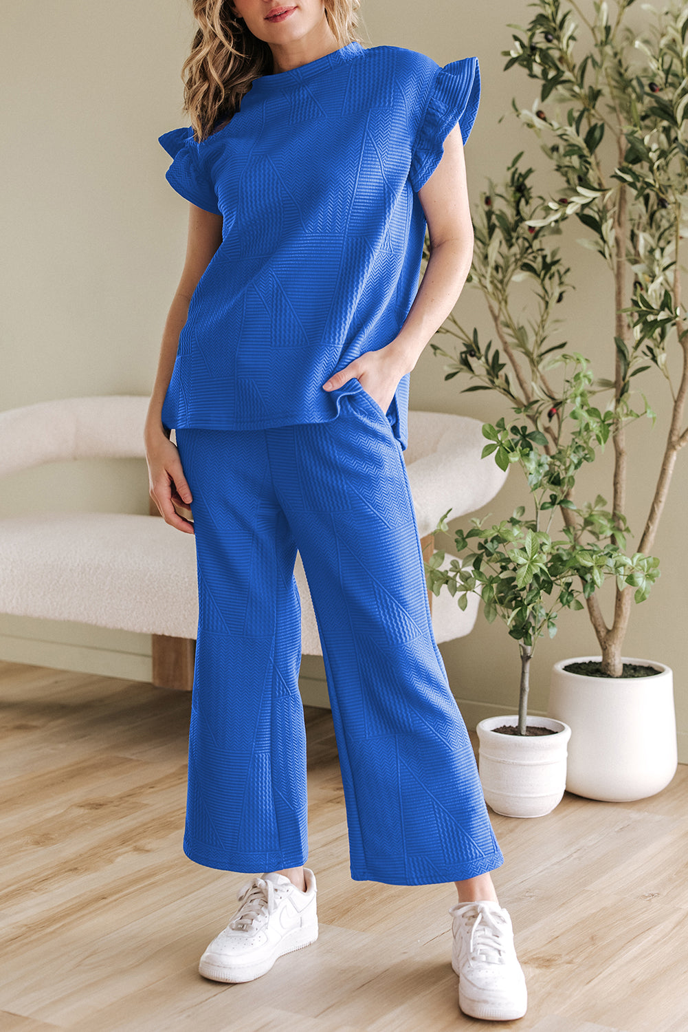 Blue Zone Planet | Dark Blue Ruffled Sleeve Summer Top and Cropped Loose Pants Set-Two Piece Sets/Pant Sets-[Adult]-[Female]-2022 Online Blue Zone Planet