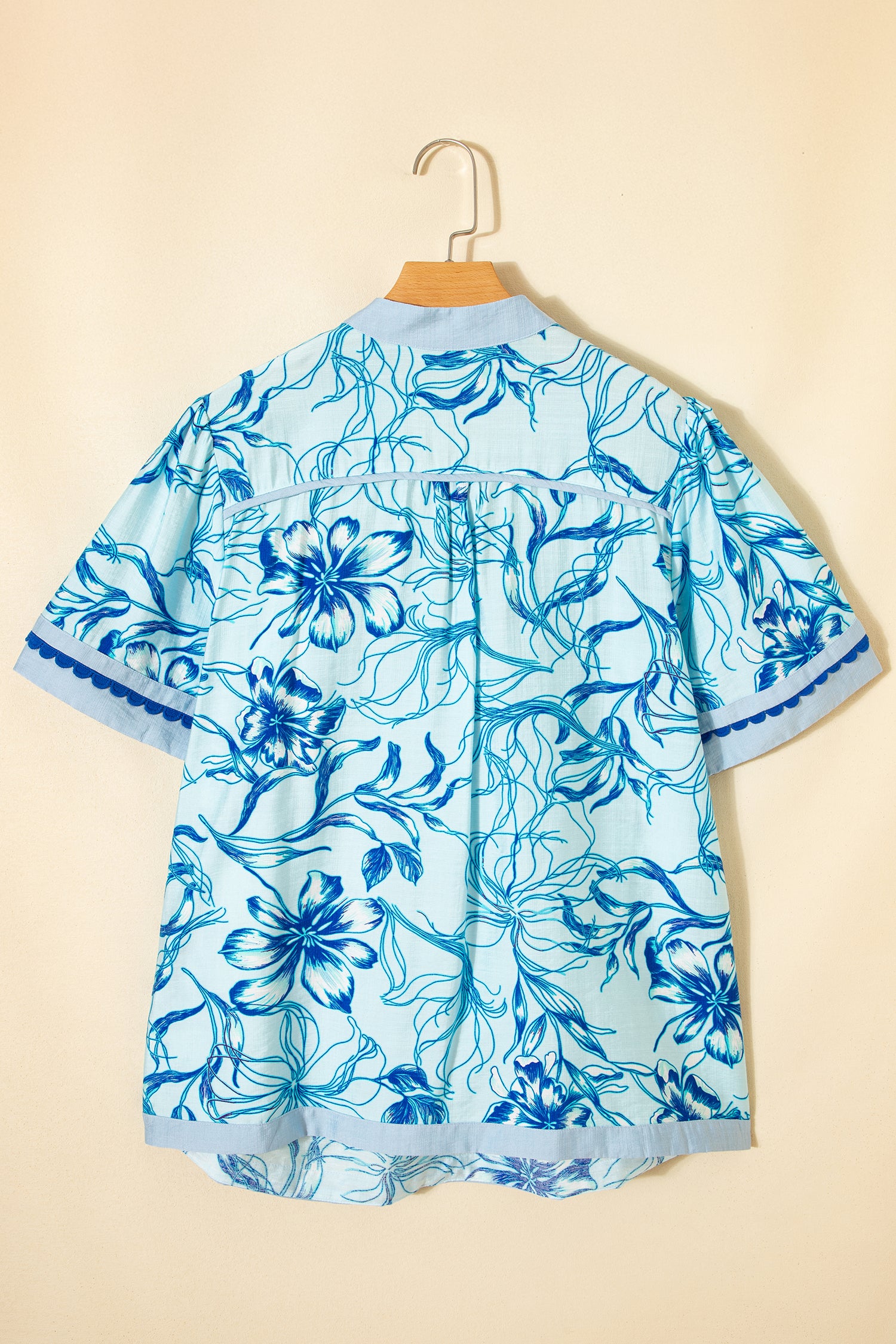 Sky Blue Plus Size Scalloped Trim Floral Short Sleeve Blouse-Plus Size/Plus Size Tops/Plus Size Blouses & Shirts-[Adult]-[Female]-2022 Online Blue Zone Planet