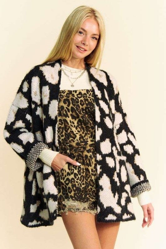 Davi & Dani Leopard Open Front Long Sleeve Cardigan-TOPS / DRESSES-[Adult]-[Female]-Black-S-2022 Online Blue Zone Planet