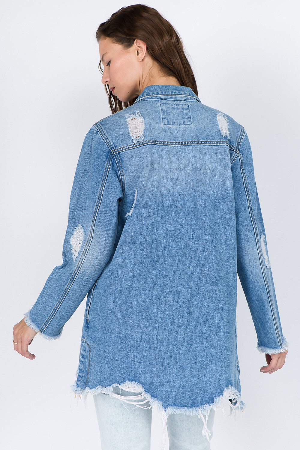 American Bazi Distressed Frayed Hem Denim Jacket-TOPS / DRESSES-[Adult]-[Female]-2022 Online Blue Zone Planet