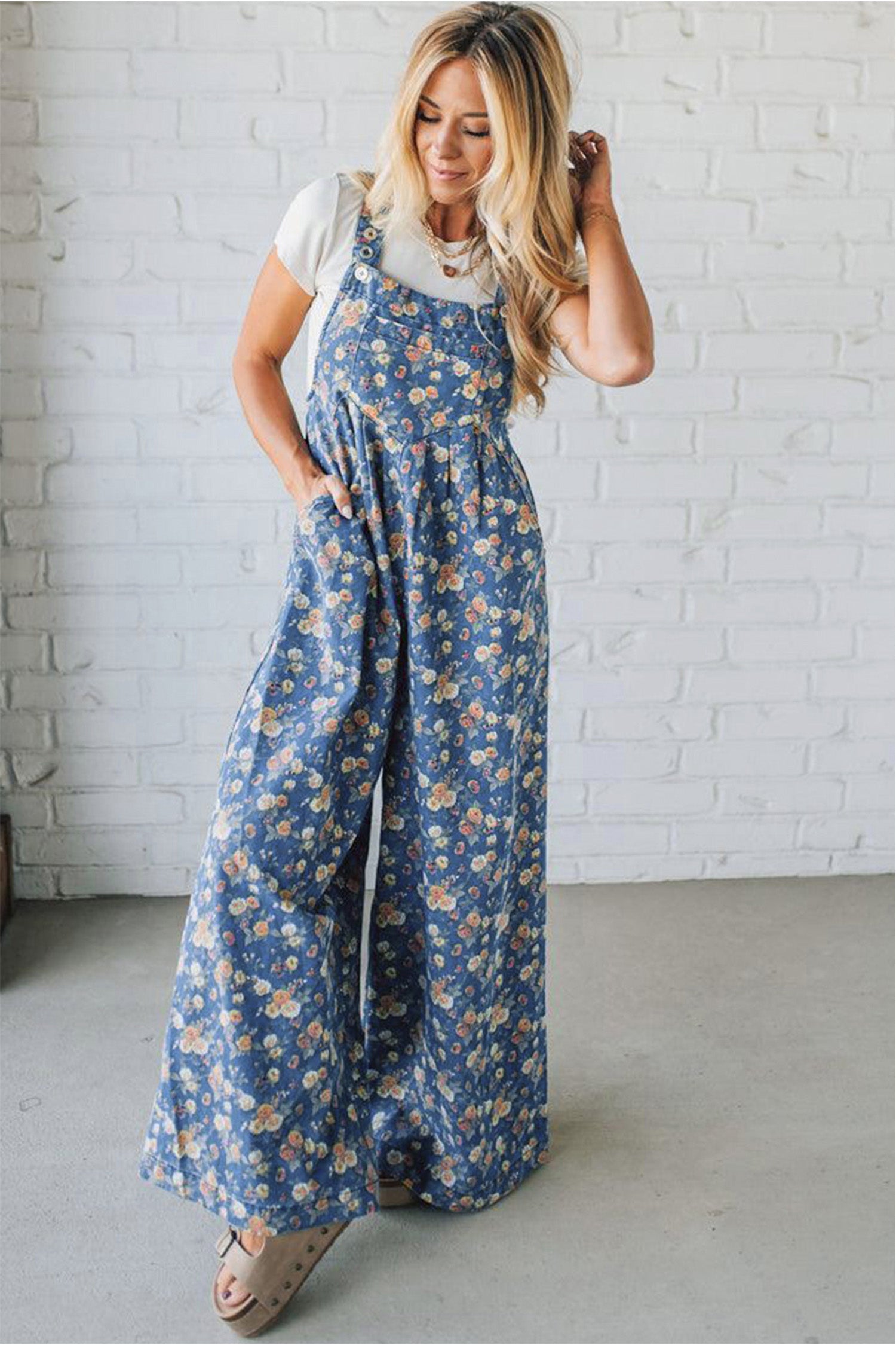 Blue Vintage Rose Printed Pleated Loose Denim Overall Jumpsuit-Bottoms/Jumpsuits & Rompers-[Adult]-[Female]-2022 Online Blue Zone Planet