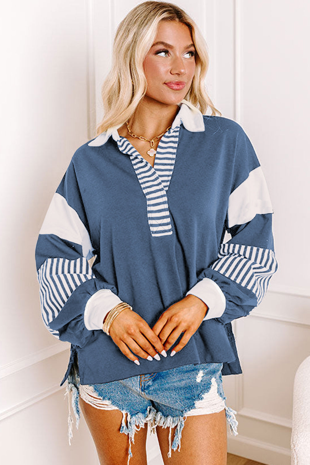 Dark Blue Striped Colorblock Patchwork Collar Sweatshirt-Tops/Sweatshirts & Hoodies-[Adult]-[Female]-2022 Online Blue Zone Planet