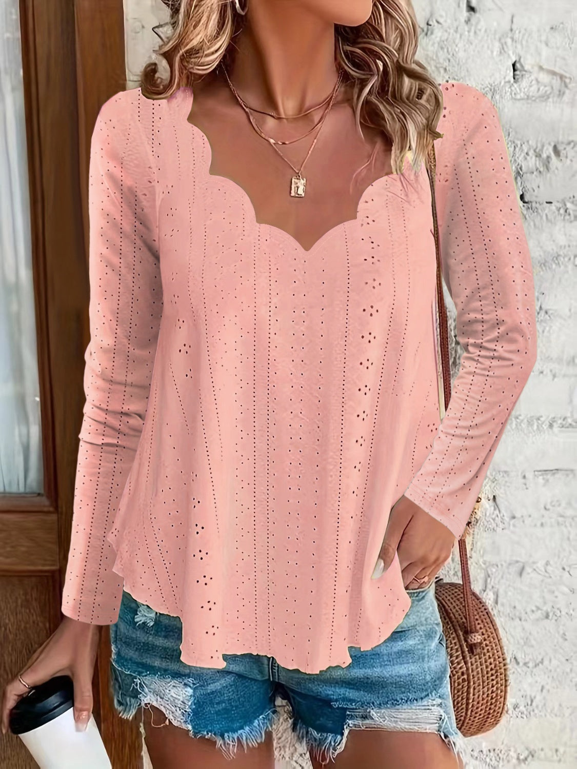 Eyelet Long Sleeve Blouse-TOPS / DRESSES-[Adult]-[Female]-Watermelon pink-S-2022 Online Blue Zone Planet