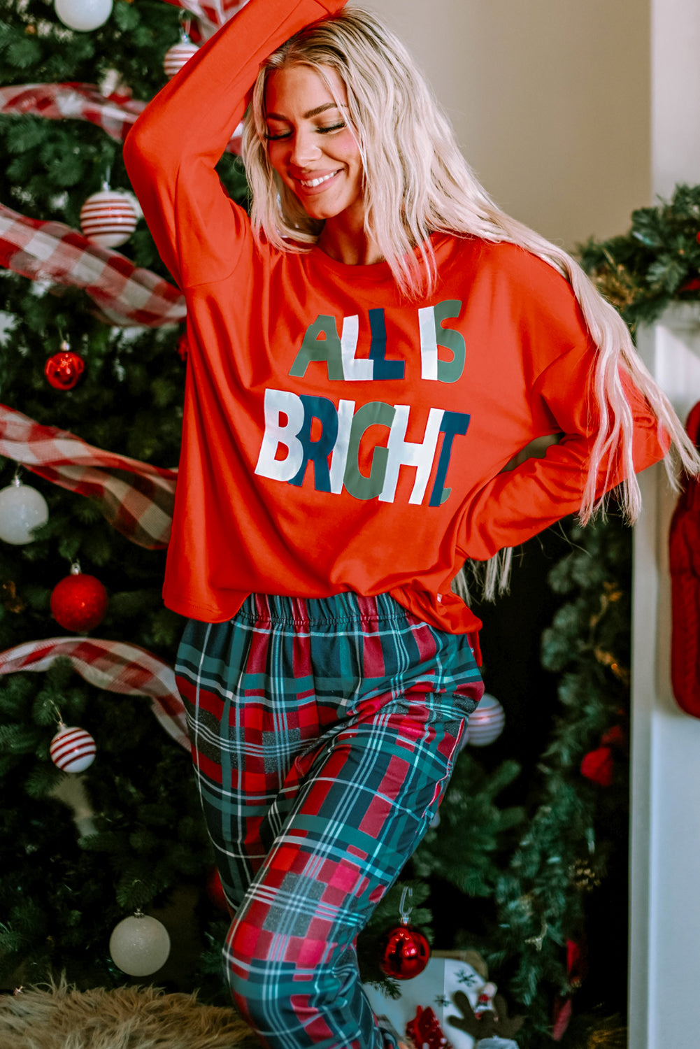 Multicolor ALL IS BRIGHT Graphic Christmas Plaid Pajamas Set-Loungewear & Sleepwear/Loungewear-[Adult]-[Female]-2022 Online Blue Zone Planet