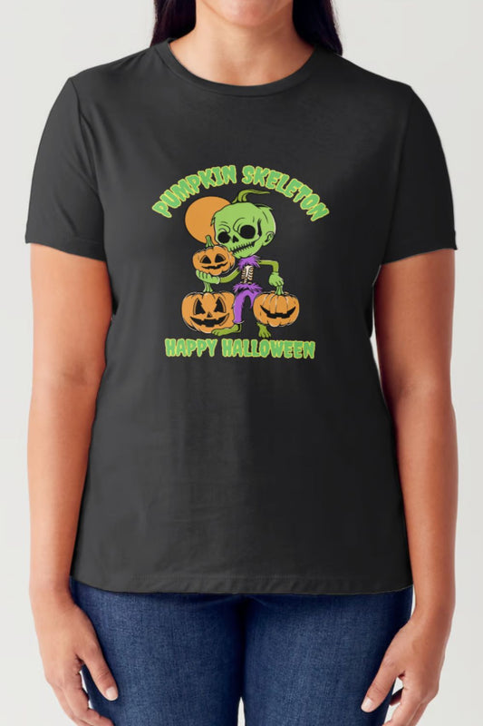 Simply Love Full Size PUMPKIN SKELETON HAPPY HALLOWEEN Short Sleeve Tubular T-Shirt-TOPS / DRESSES-[Adult]-[Female]-Black-S-2022 Online Blue Zone Planet