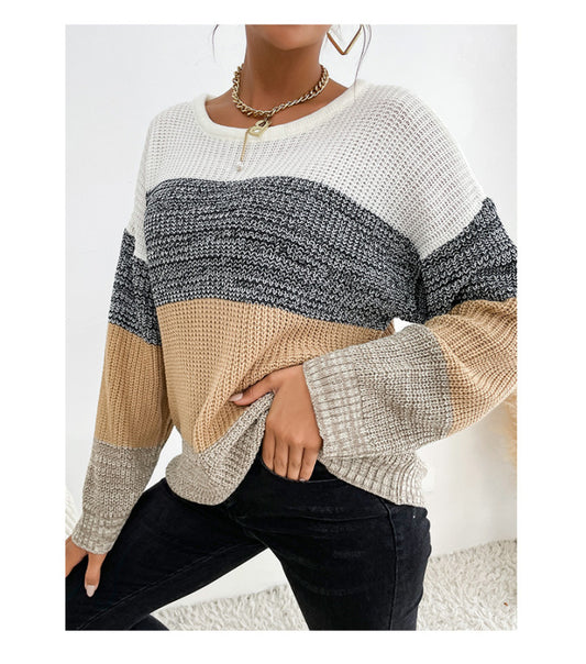 Blue Zone Planet | women's loose colorblock long sleeve bottoming sweater-TOPS / DRESSES-[Adult]-[Female]-Khaki-S-2022 Online Blue Zone Planet