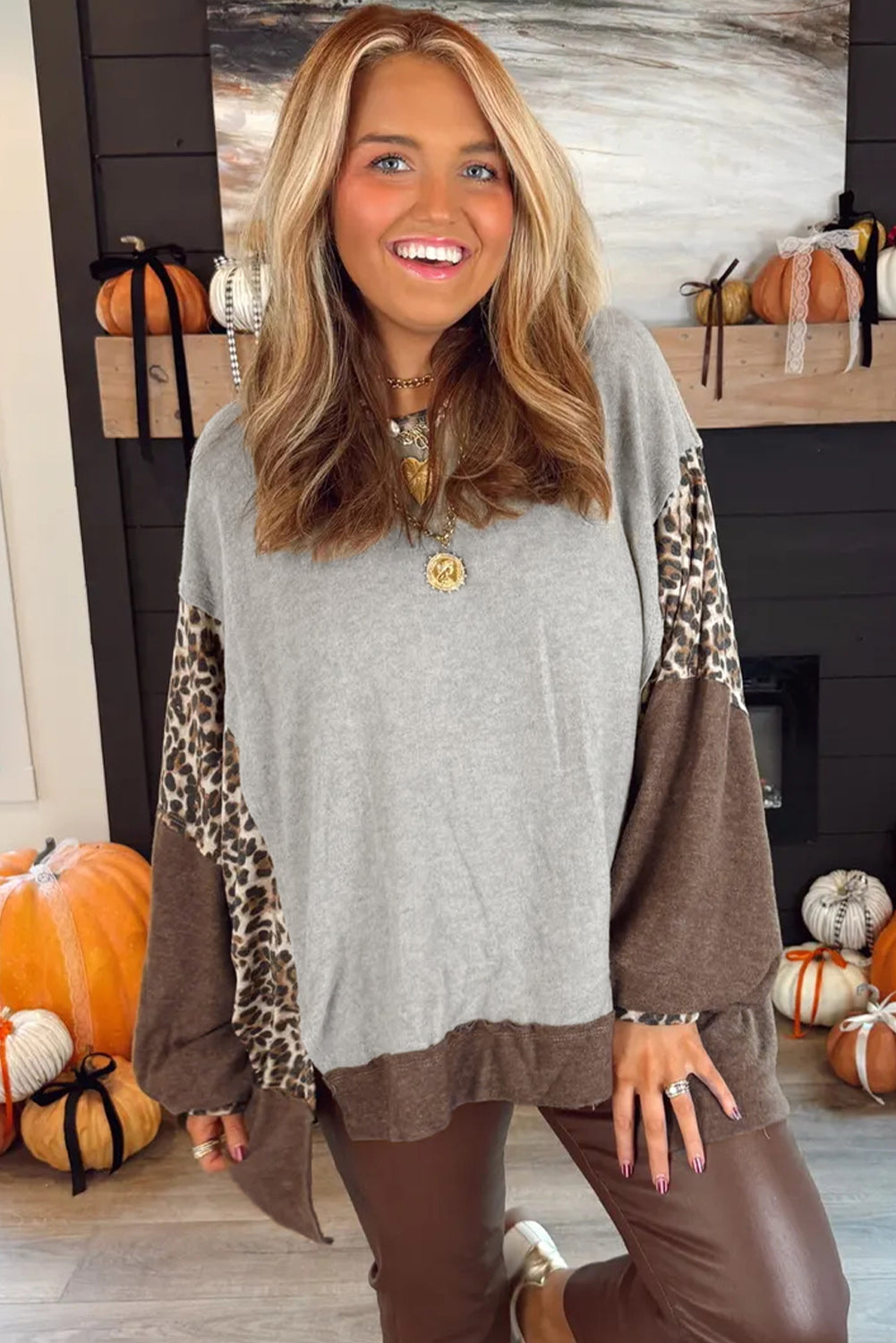 Gray Color Block Leopard Patchwork Dolman Sleeve High Low Baggy Sweatshirt-Tops/Sweatshirts & Hoodies-[Adult]-[Female]-2022 Online Blue Zone Planet