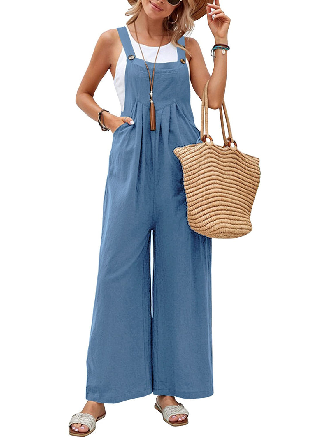 Blue Zone Planet | Full Size Square Neck Wide Strap Overalls-TOPS / DRESSES-[Adult]-[Female]-2022 Online Blue Zone Planet