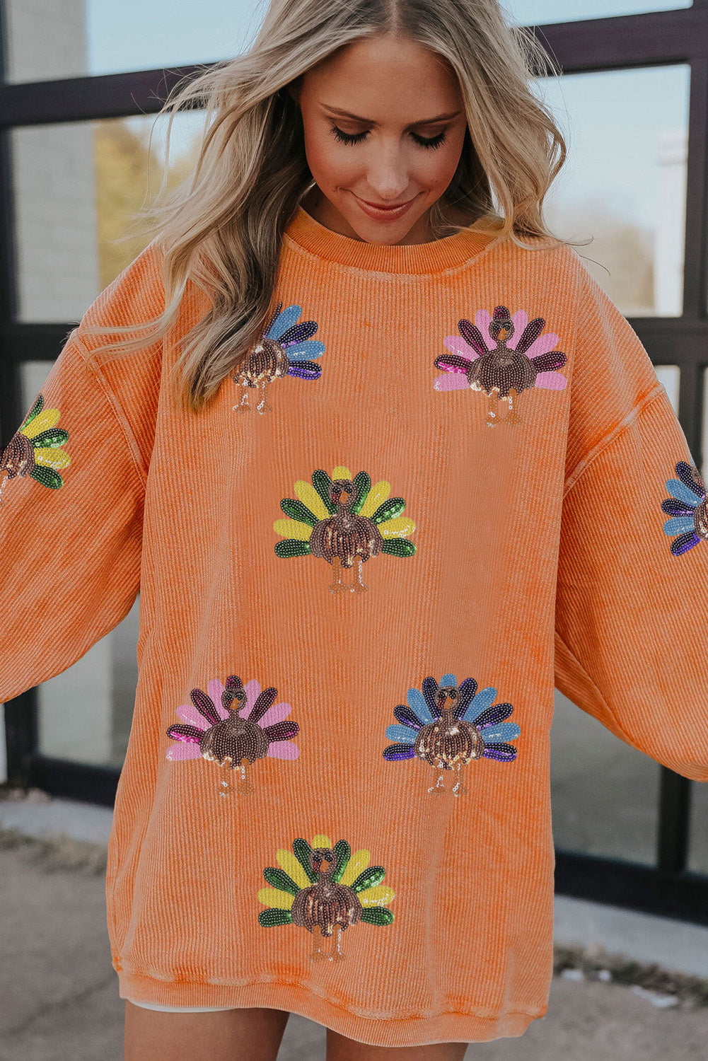 Orange Turkey Graphic Corded Baggy Sweatshirt-Graphic/Graphic Sweatshirts-[Adult]-[Female]-2022 Online Blue Zone Planet