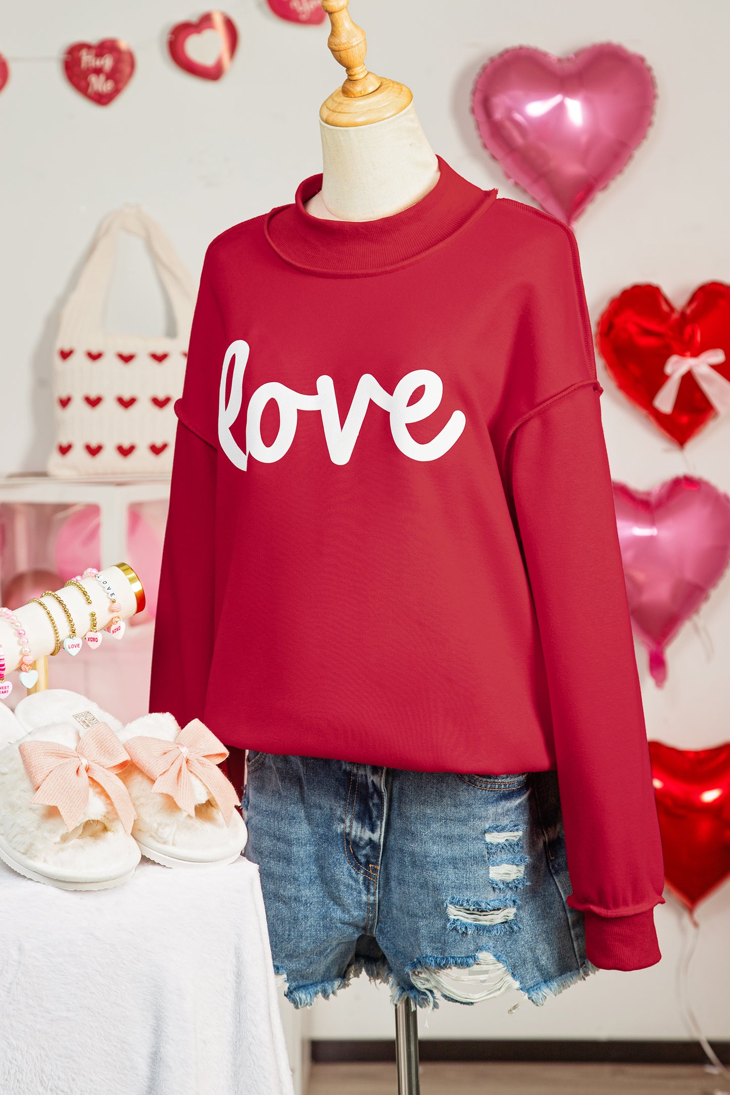 Racing Red Valentines Day Heart Love Script Reversible Printed Double Wear Mock Neck Sweatshirt-Graphic/Graphic Sweatshirts-[Adult]-[Female]-2022 Online Blue Zone Planet