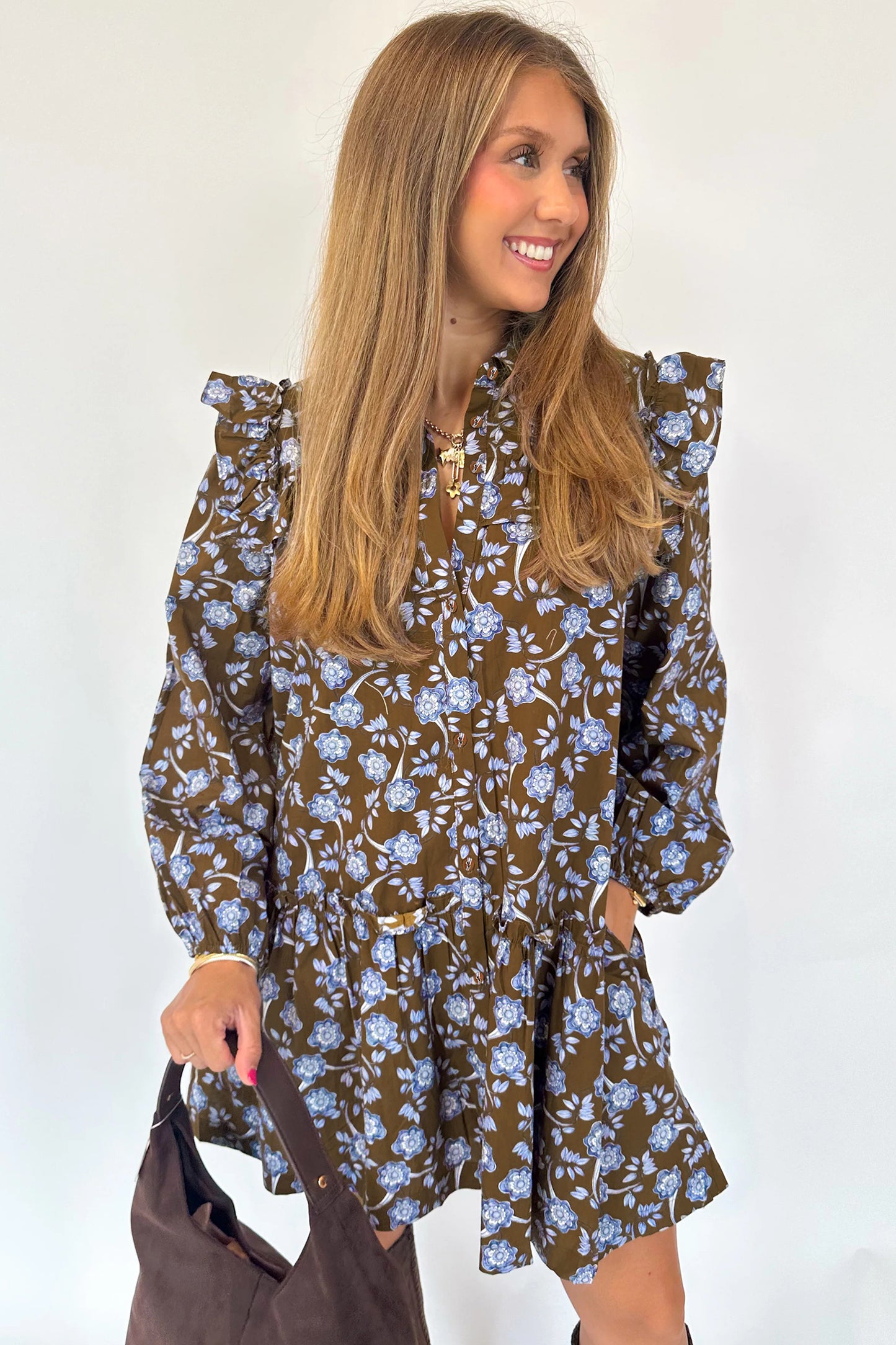 Brown Floral Print Ruffled Detail Shirt Collar Button Down Long Sleeve Dress-TOPS / DRESSES-[Adult]-[Female]-2022 Online Blue Zone Planet