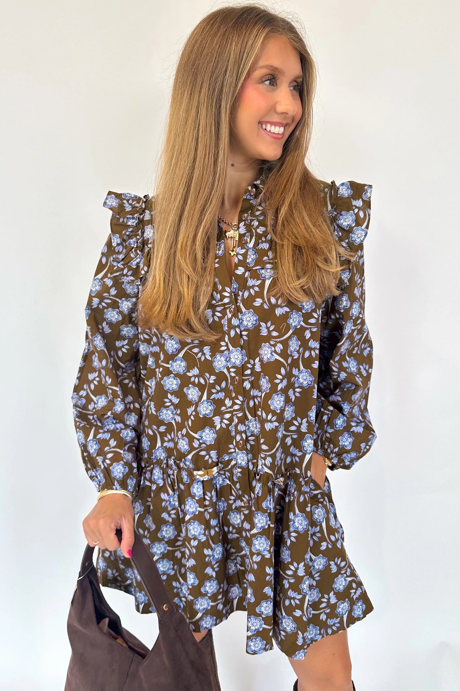Brown Floral Print Ruffled Detail Shirt Collar Button Down Long Sleeve Dress-TOPS / DRESSES-[Adult]-[Female]-2022 Online Blue Zone Planet