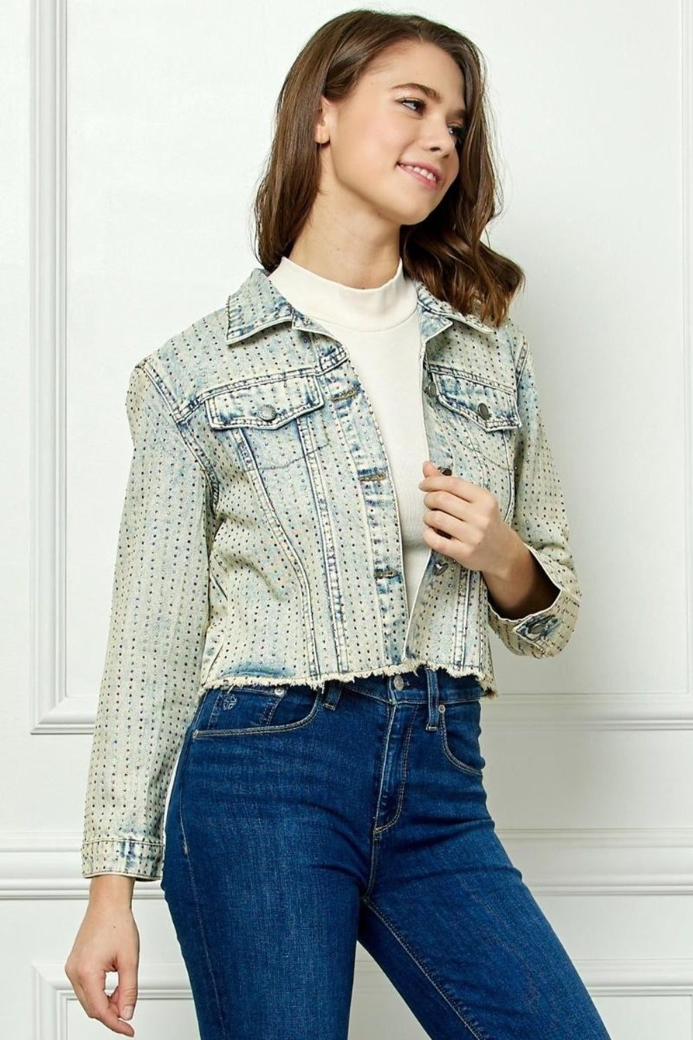 Veveret Multi Color Stripe Rhinestone Raw Hem Denim Jacket-TOPS / DRESSES-[Adult]-[Female]-MEDIUMWASH-S-2022 Online Blue Zone Planet