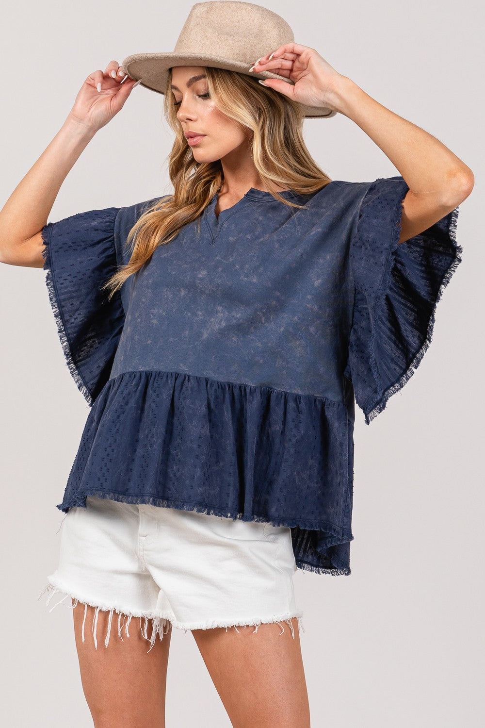 SAGE + FIG Ruffle Sleeve Washed Short Sleeve Blouse-TOPS / DRESSES-[Adult]-[Female]-Navy-S-2022 Online Blue Zone Planet