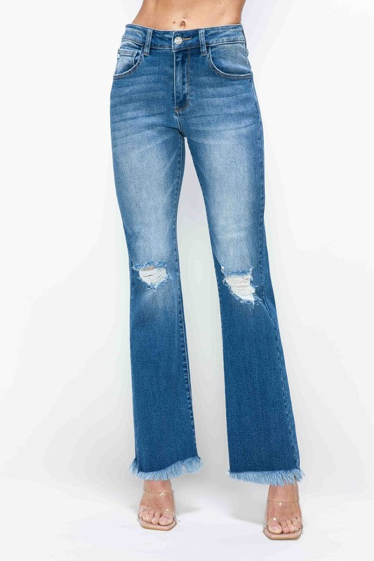 Blue Zone Planet | bytos Full Size Raw Hem Distressed High Rise Bootcut Jeans-BOTTOMS SIZES SMALL MEDIUM LARGE-[Adult]-[Female]-Medium-1(25)-2022 Online Blue Zone Planet