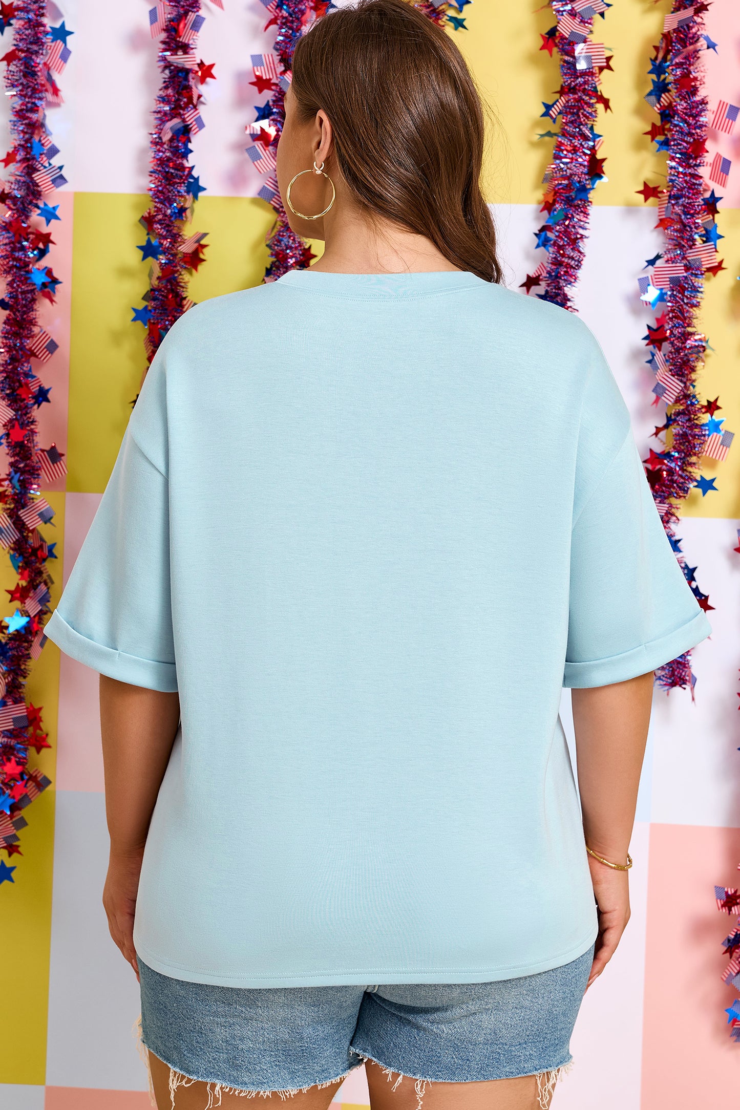 Beau Blue Plus Size Patriotic Bow Patchwork Graphic T-Shirt-Plus Size/Plus Size Tops/Plus Size Tops & Tees-[Adult]-[Female]-2022 Online Blue Zone Planet