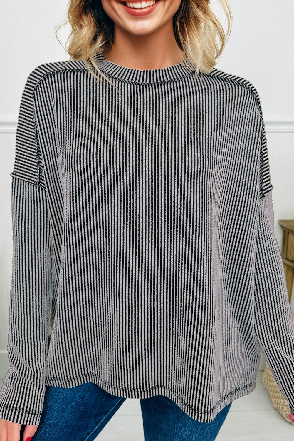 Black Twist Ribbed Exposed Seam Detail Long Sleeve Loose Top-Tops/Long Sleeve Tops-[Adult]-[Female]-Black-S-2022 Online Blue Zone Planet