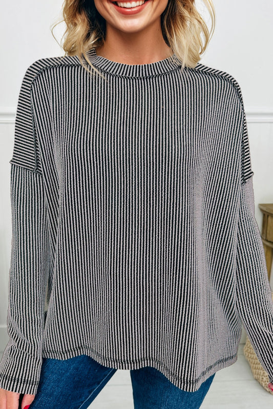 Black Twist Ribbed Exposed Seam Detail Long Sleeve Loose Top-Tops/Long Sleeve Tops-[Adult]-[Female]-Black-S-2022 Online Blue Zone Planet