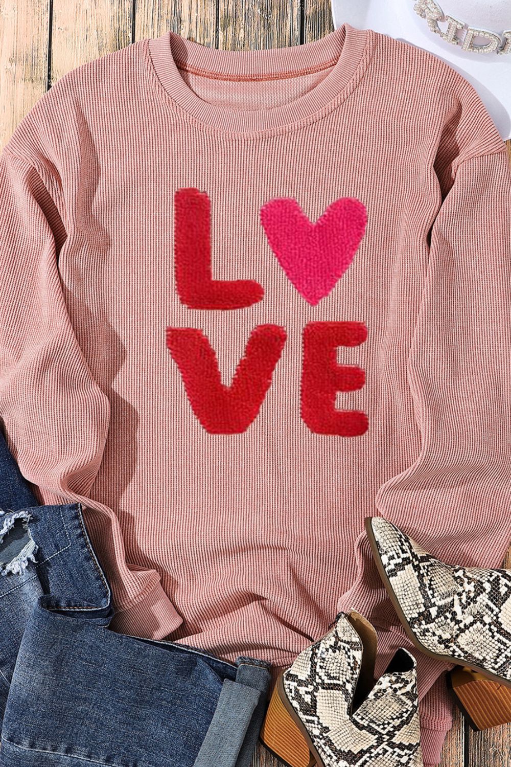 Blue Zone Planet | Valentine’s Day LOVE Round Neck Long Sleeve Sweatshirt-TOPS / DRESSES-[Adult]-[Female]-2022 Online Blue Zone Planet