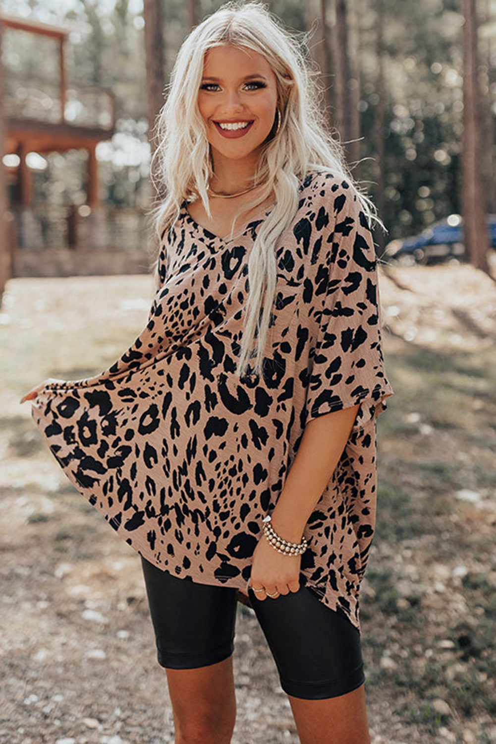 Brown Leopard Print V Neck Half Sleeve Oversized Tee-Tops/Tops & Tees-[Adult]-[Female]-2022 Online Blue Zone Planet