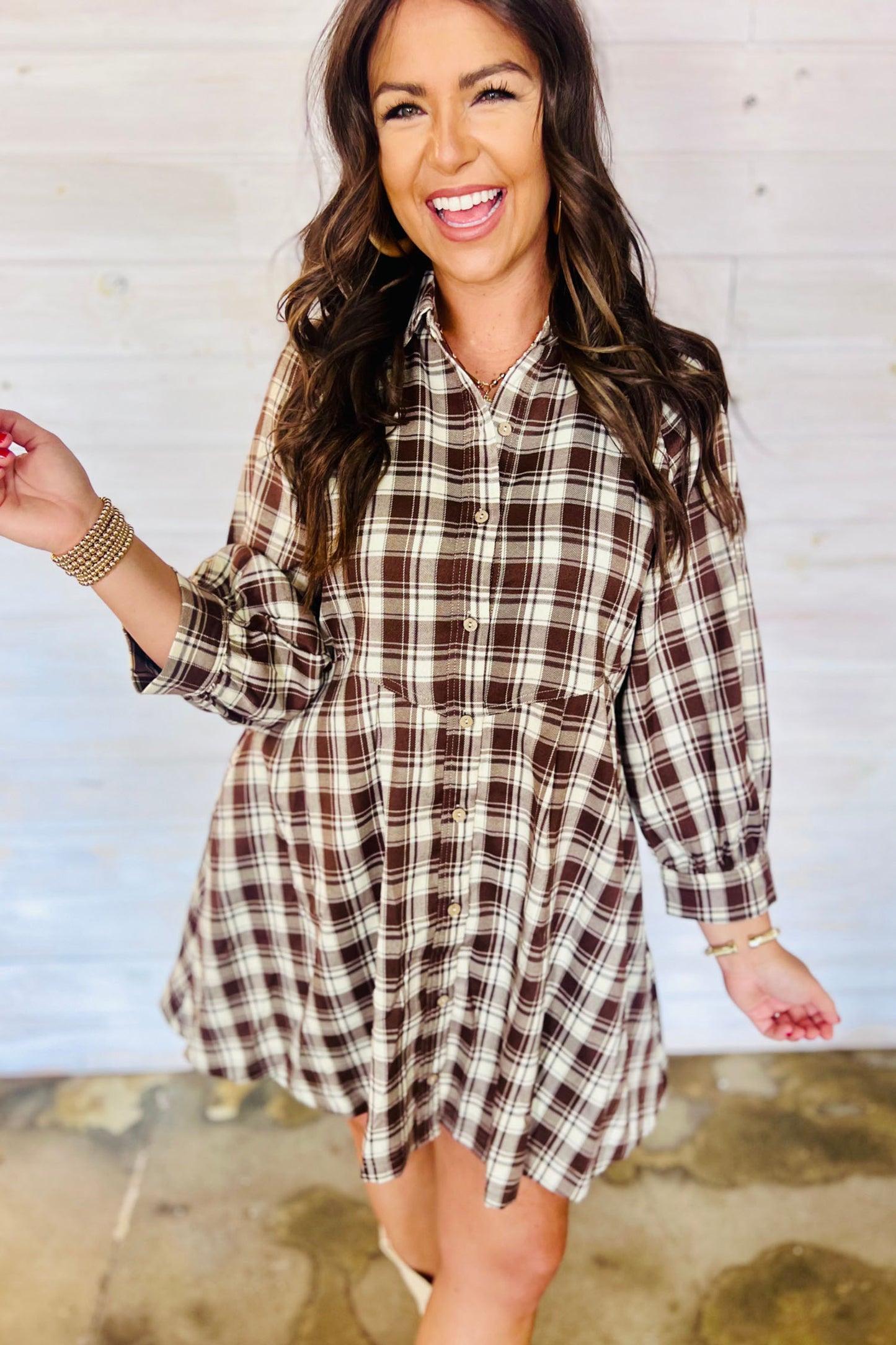 Brown Plaid Long Sleeve Short Shift Mini Dress
