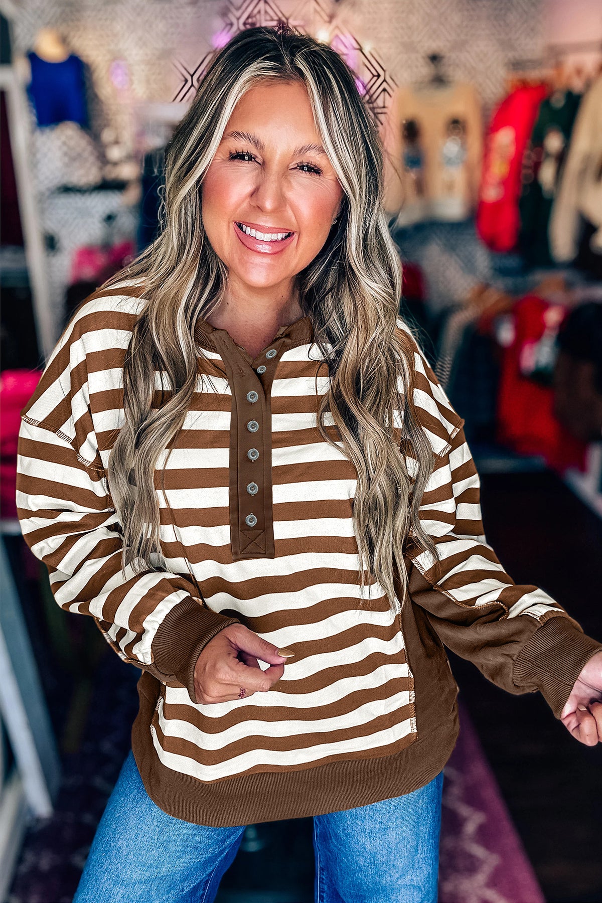Brown Stripe Exposed Seam Color Block Patchwork Button Placket Sweatshirt-Tops/Sweatshirts & Hoodies-[Adult]-[Female]-2022 Online Blue Zone Planet