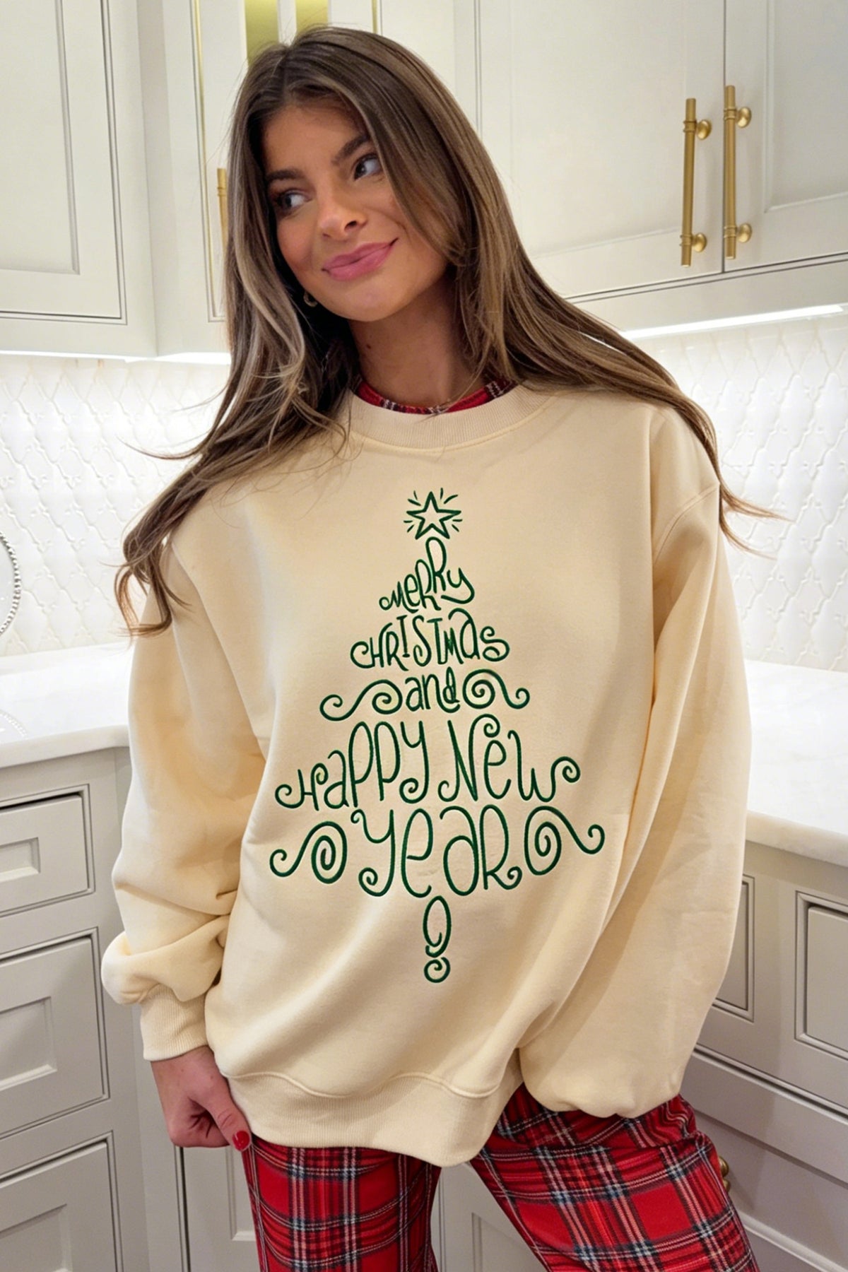 Apricot Merry Christmas and Happy New Year Embroidered Holiday Slogan Sweatshirt-Tops/Sweatshirts & Hoodies-[Adult]-[Female]-2022 Online Blue Zone Planet