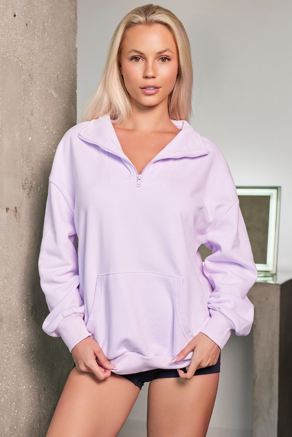 Quarter Zip Dropped Shoulder Sweatshirt-TOPS / DRESSES-[Adult]-[Female]-2022 Online Blue Zone Planet