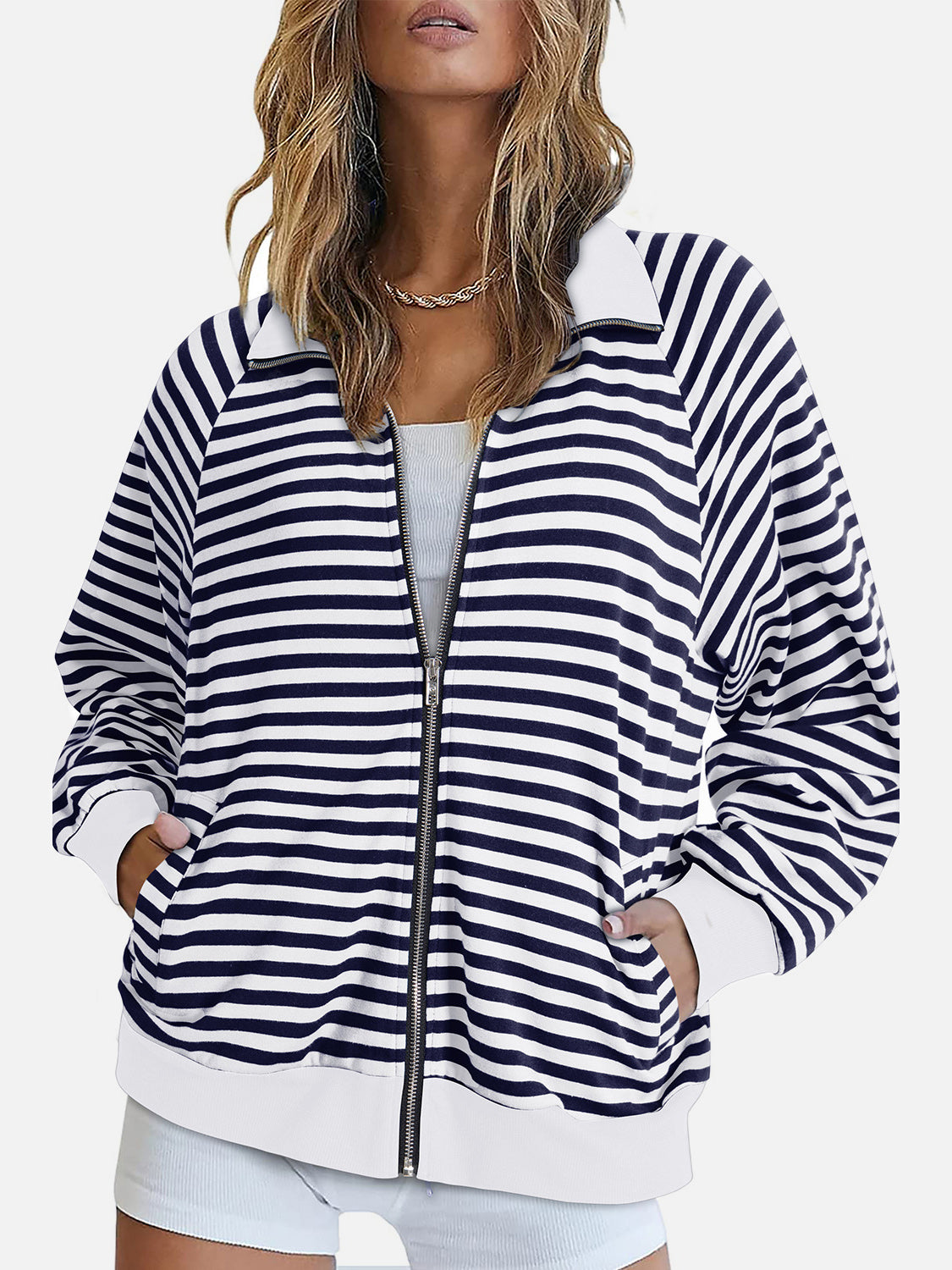 Striped Zip Up Long Sleeve Sweatshirt-TOPS / DRESSES-[Adult]-[Female]-White-S-2022 Online Blue Zone Planet