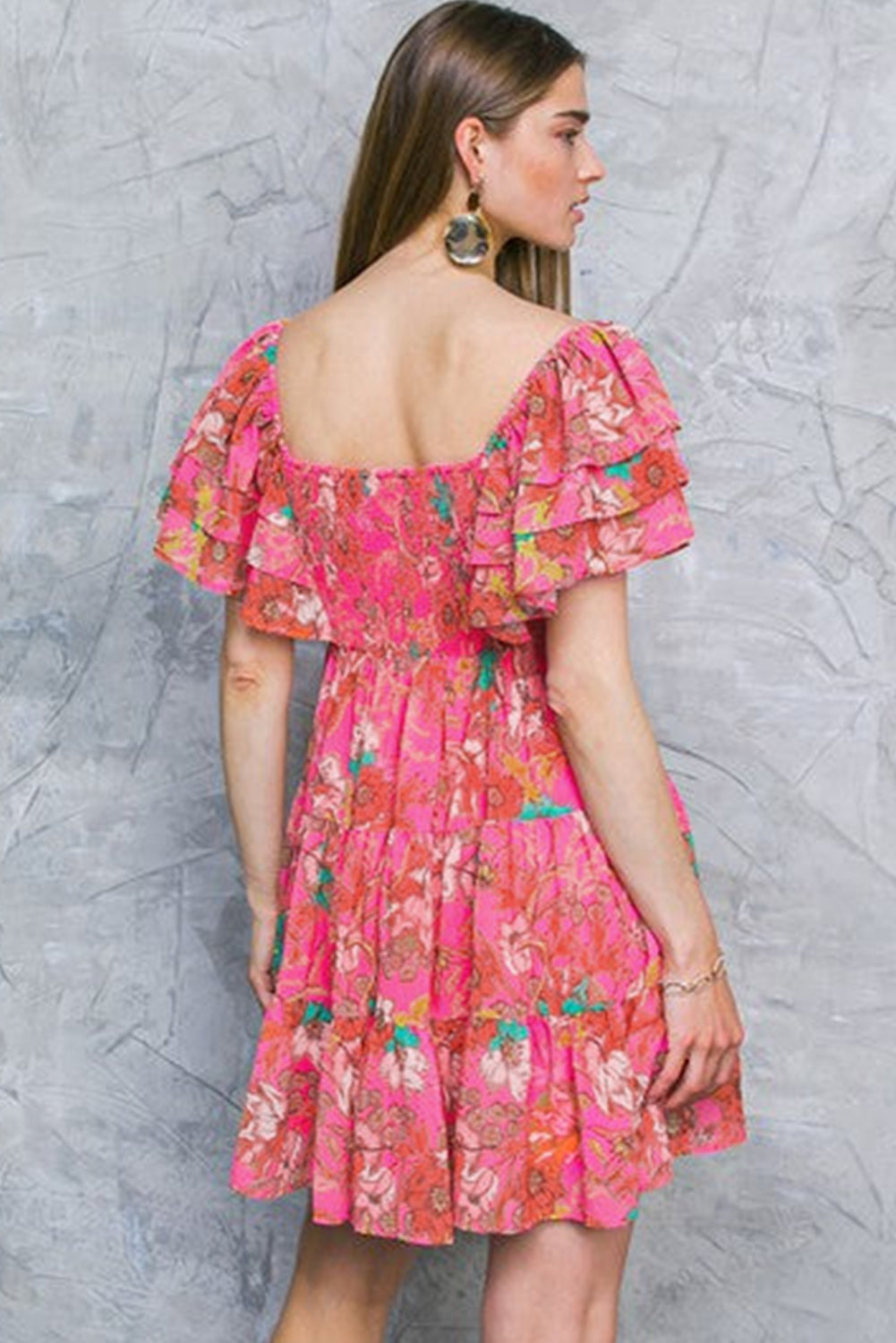 Pink Floral Square Neck Ruffle Sleeve Tiered Dress-Dresses/Floral Dresses-[Adult]-[Female]-2022 Online Blue Zone Planet