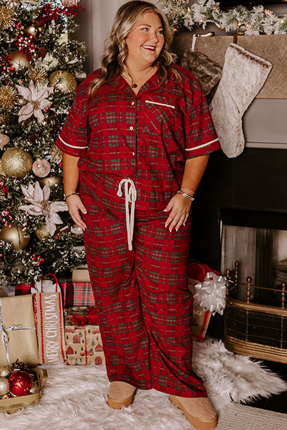Red Plus Size Plaid Short Sleeve Shirt Loose Pants 2pcs Pajama Set-Plus Size/Plus Size Loungewear-[Adult]-[Female]-2022 Online Blue Zone Planet