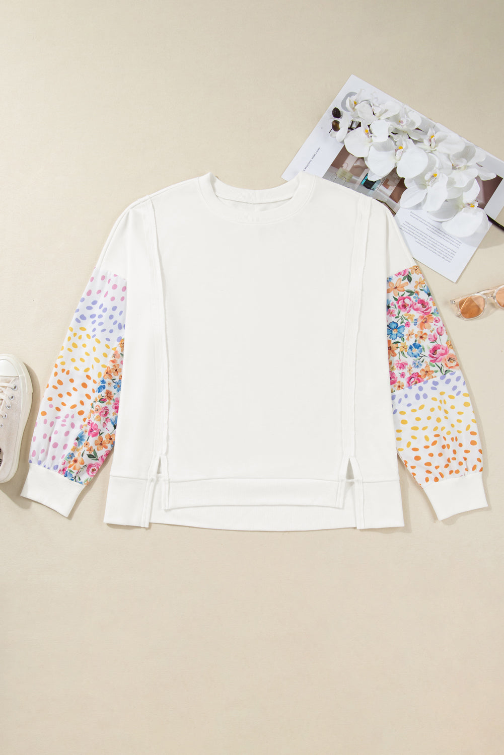 White Plus Size Exposed Seam Detail Contrast Dot Floral Patchwork Sleeve Sweatshirt-Plus Size/Plus Size Sweatshirts & Hoodies-[Adult]-[Female]-White-1X-2022 Online Blue Zone Planet