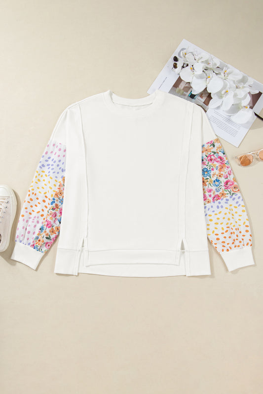 White Plus Size Exposed Seam Detail Contrast Dot Floral Patchwork Sleeve Sweatshirt-Plus Size/Plus Size Sweatshirts & Hoodies-[Adult]-[Female]-White-1X-2022 Online Blue Zone Planet