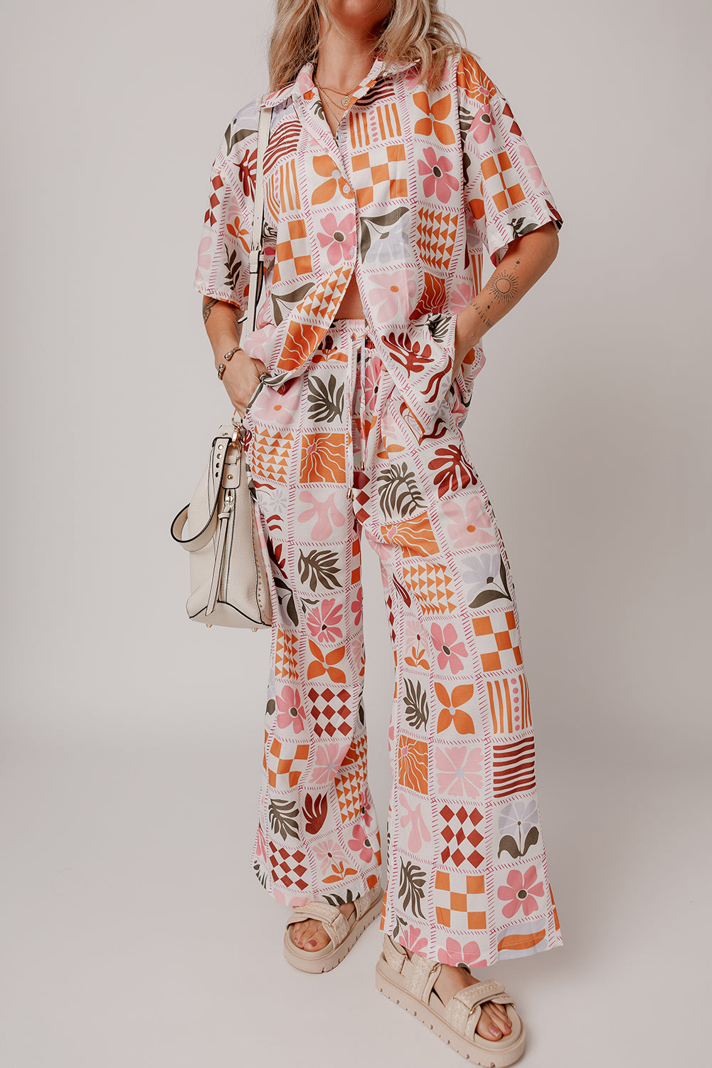 Orange Plant Checkered Print Collared Shirt and Wide Leg Pants Set-Two Piece Sets/Pant Sets-[Adult]-[Female]-Orange-S-2022 Online Blue Zone Planet