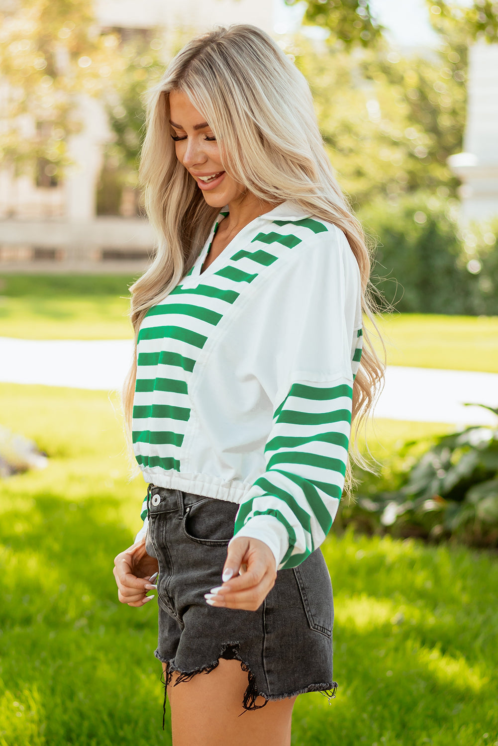 Green Stripe Colorblock Collared V Neck Cropped Knit Pullover-Tops/Long Sleeve Tops-[Adult]-[Female]-2022 Online Blue Zone Planet