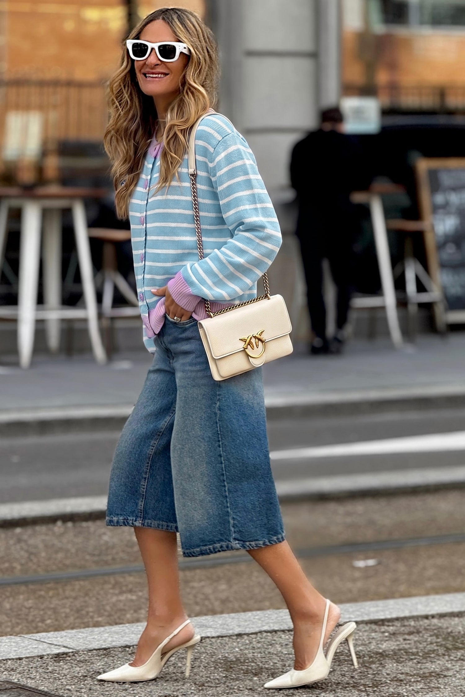 Sky Blue Stripe Contrast Trim Button Down Casual Sweater Cardigan-Sweaters & Cardigans/Cardigans-[Adult]-[Female]-2022 Online Blue Zone Planet