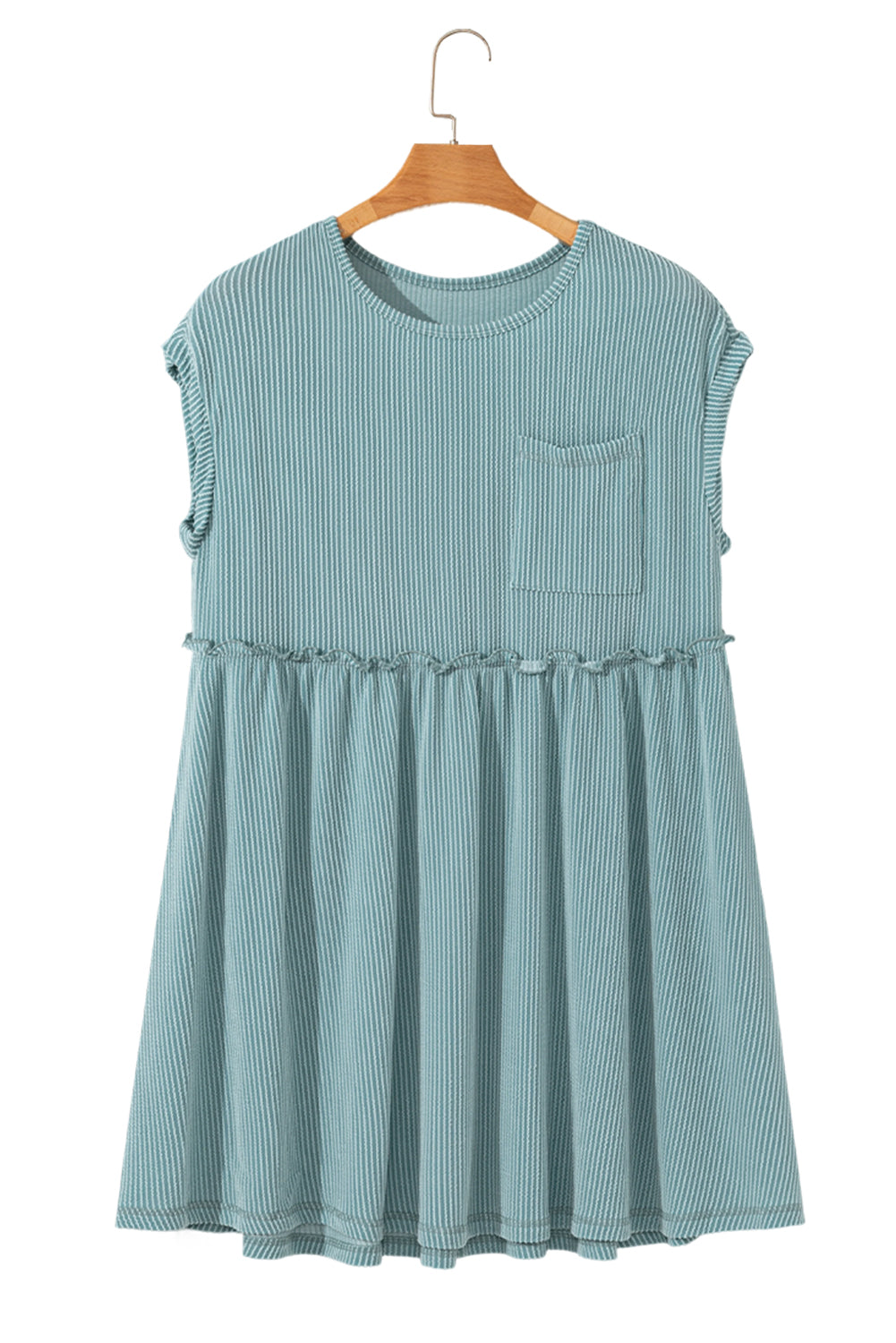 Canton Corded Knit Textured Patched Pocket Frilled Swing Mini Dress with Pockets-TOPS / DRESSES-[Adult]-[Female]-2022 Online Blue Zone Planet