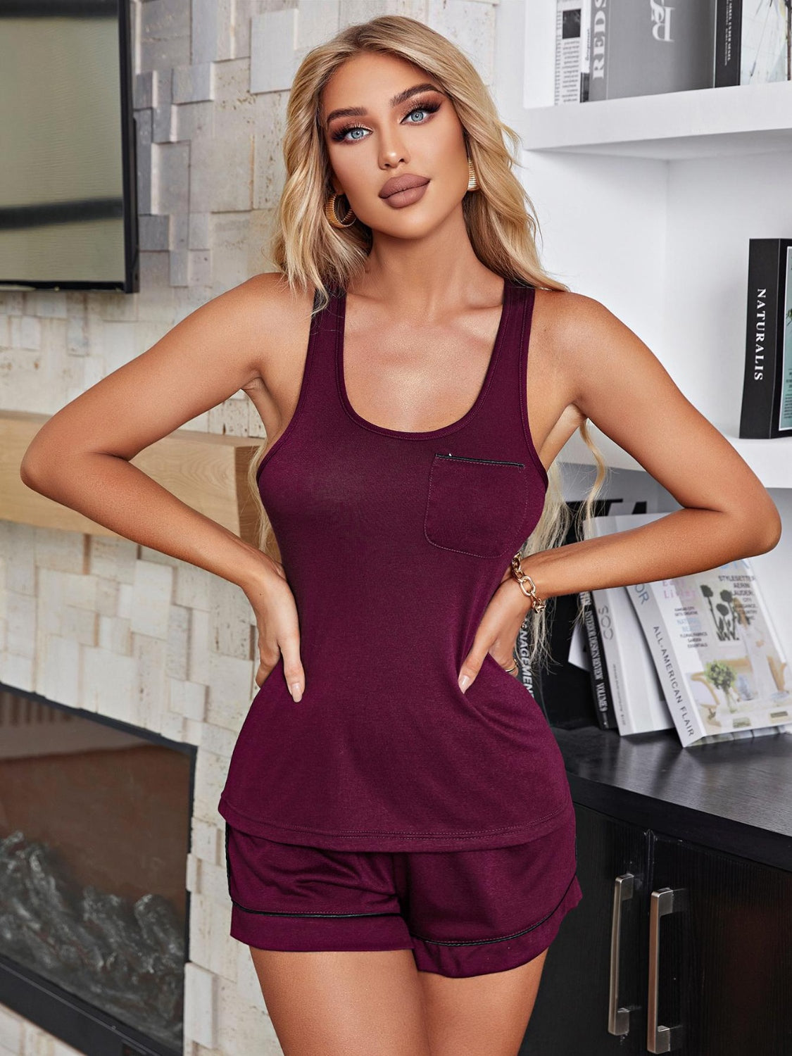 Blue Zone Planet | Scoop Neck Wide Strap Tank and Shorts Lounge Set-TOPS / DRESSES-[Adult]-[Female]-Burgundy-S-2022 Online Blue Zone Planet