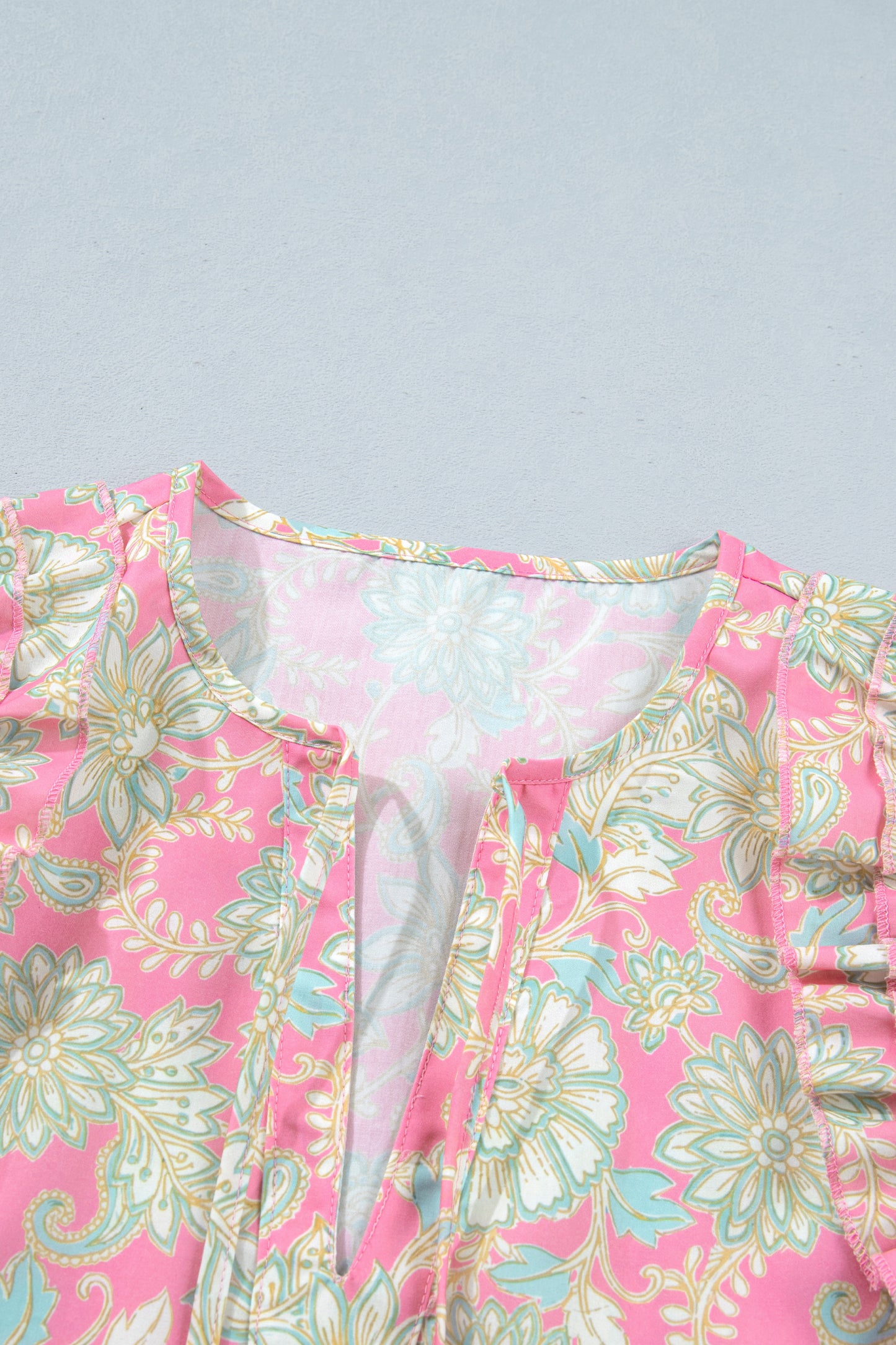 Pink Tie V Neck Floral Short Puff Sleeve Blouse-Tops/Blouses & Shirts-[Adult]-[Female]-2022 Online Blue Zone Planet