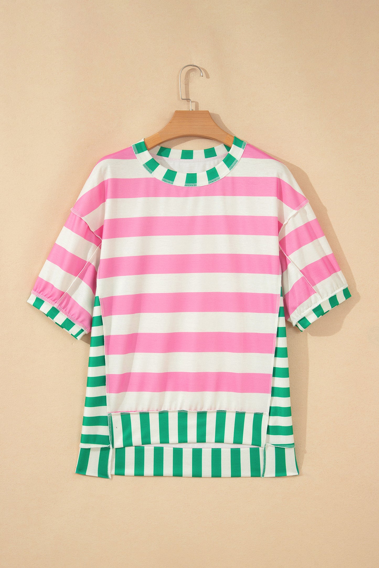 Pink Stripe Exposed Seam Contrast Patchwork Oversized Top-Tops/Tops & Tees-[Adult]-[Female]-2022 Online Blue Zone Planet