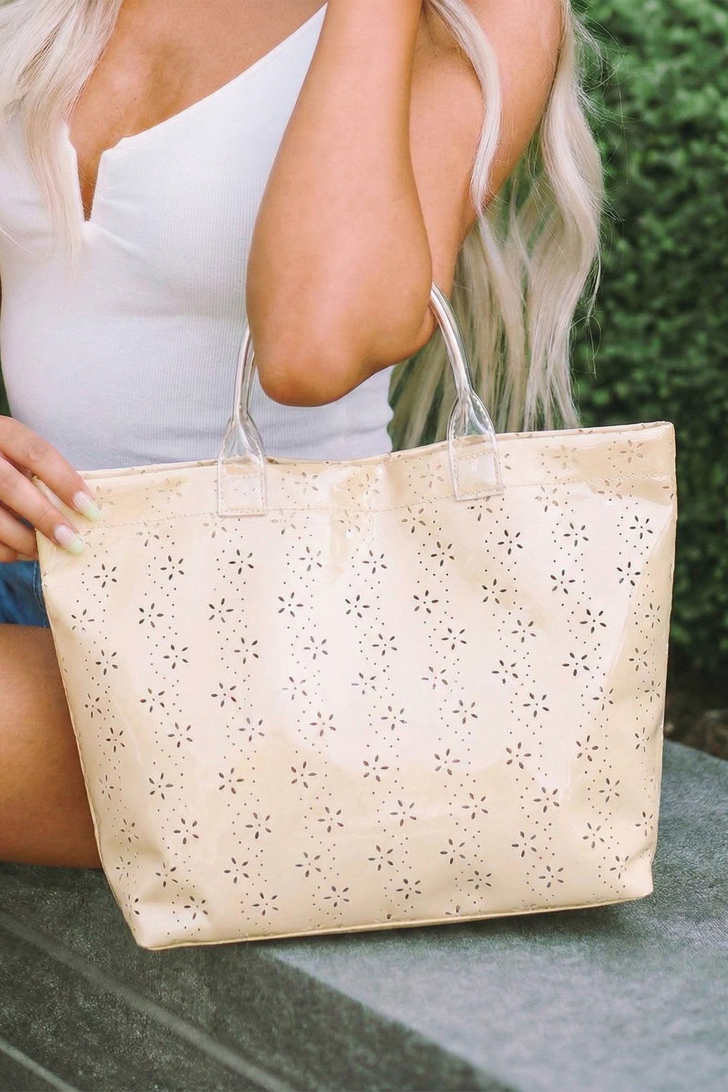 Beige Eyelet Flower Pattern PVC Glossy Waterproof Tote Bag