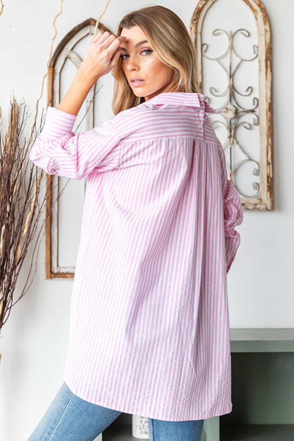 First Love Full Size Striped Button Down High-Low Hem Shirt-TOPS / DRESSES-[Adult]-[Female]-2022 Online Blue Zone Planet