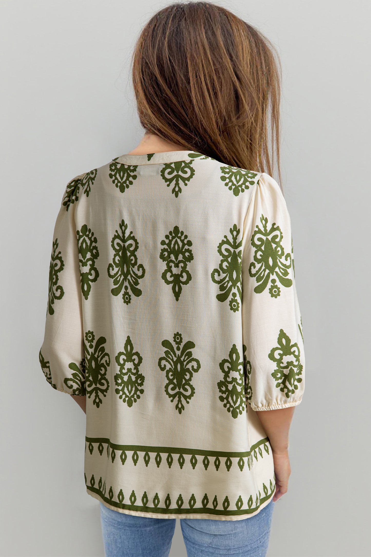 Apricot Floral Print Tie V Neck Button Down Puffy Half Sleeve Shirt-Tops/Blouses & Shirts-[Adult]-[Female]-2022 Online Blue Zone Planet