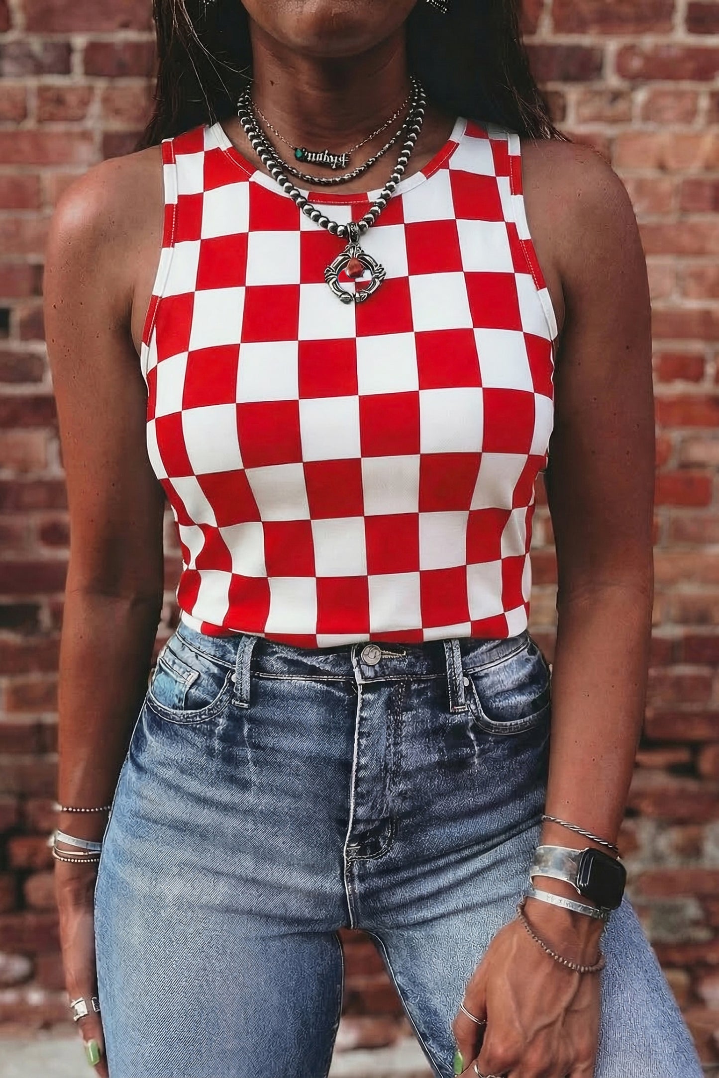 Red Checkerboard Printed Slim Tank Top-Tops/Tank Tops-[Adult]-[Female]-Red-S-2022 Online Blue Zone Planet